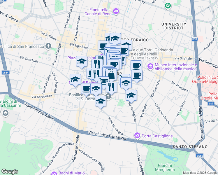 map of restaurants, bars, coffee shops, grocery stores, and more near 3A Piazza Minghetti in Bologna