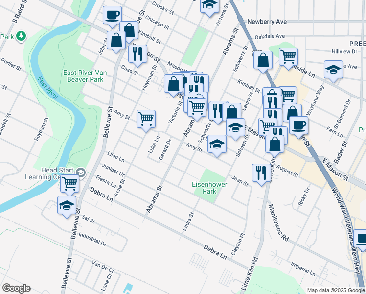 map of restaurants, bars, coffee shops, grocery stores, and more near 845 Abrams Street in Green Bay