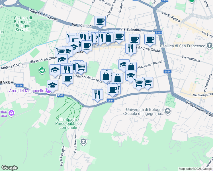 map of restaurants, bars, coffee shops, grocery stores, and more near 12 Via XXI Aprile 1945 in Bologna