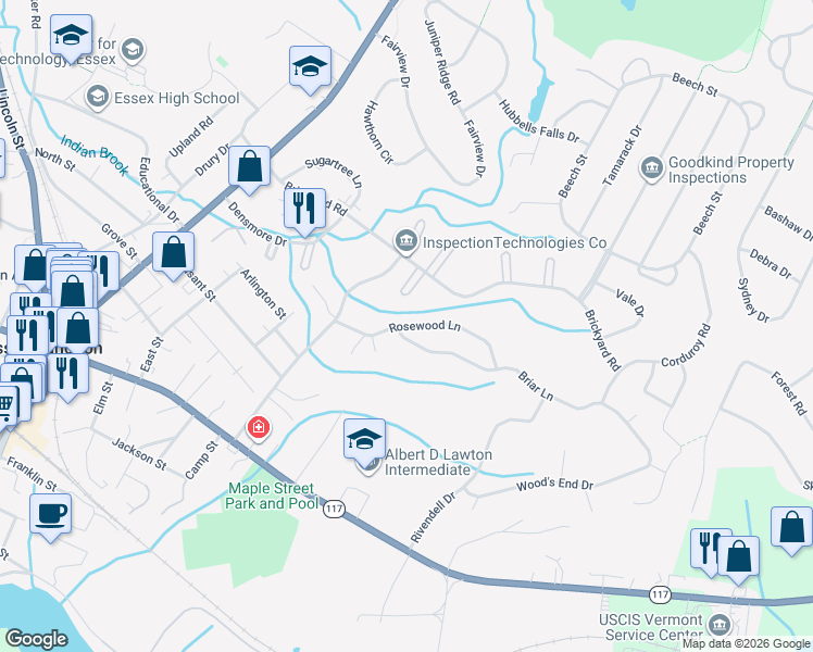 map of restaurants, bars, coffee shops, grocery stores, and more near 18 Rosewood Lane in Essex