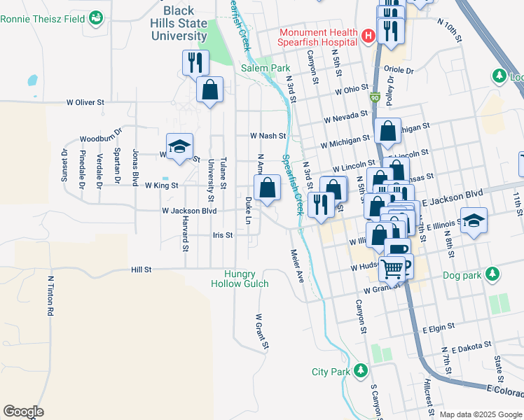 map of restaurants, bars, coffee shops, grocery stores, and more near 820 North Ames Street in Spearfish