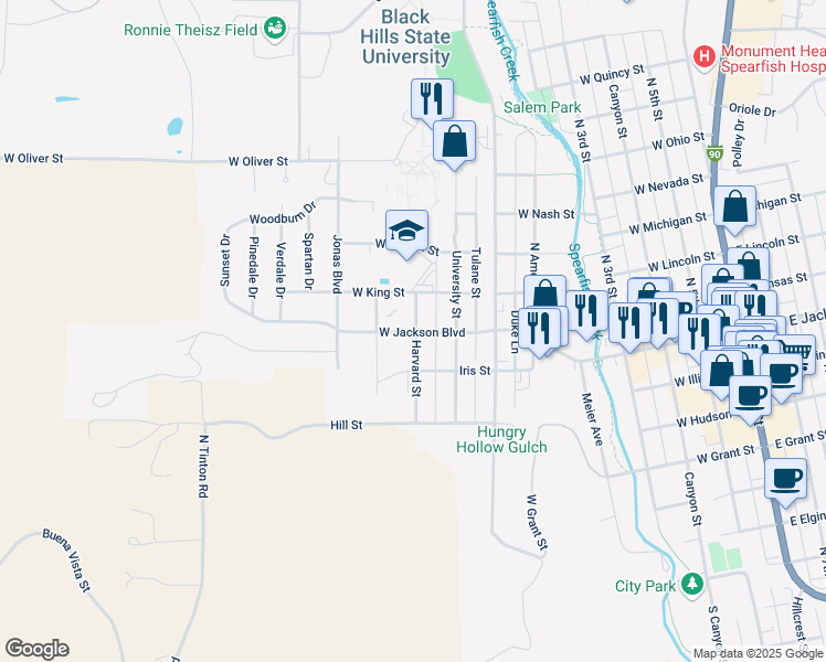 map of restaurants, bars, coffee shops, grocery stores, and more near 811 Harvard Street in Spearfish