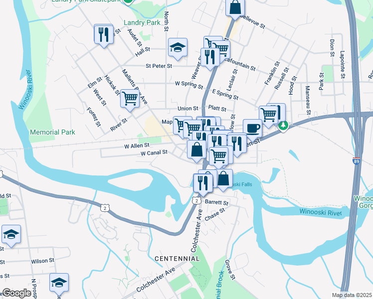 map of restaurants, bars, coffee shops, grocery stores, and more near 33 West Allen Street in Winooski