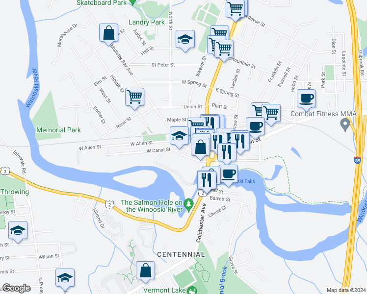 map of restaurants, bars, coffee shops, grocery stores, and more near 33 West Allen Street in Winooski