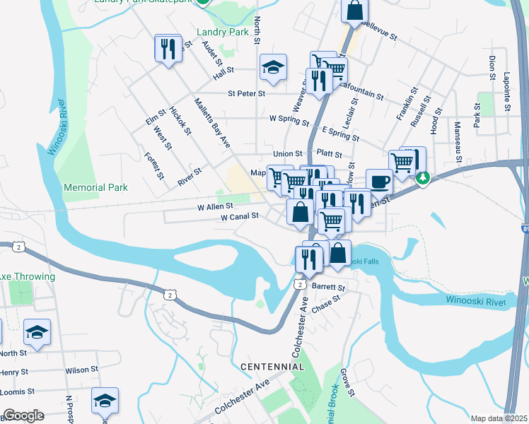 map of restaurants, bars, coffee shops, grocery stores, and more near 76B West Allen Street in Winooski