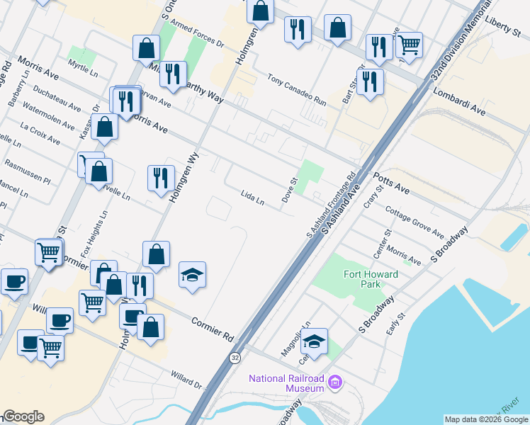 map of restaurants, bars, coffee shops, grocery stores, and more near 646 Lida Lane in Green Bay