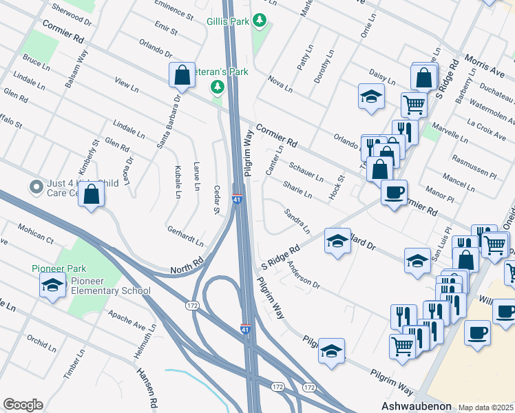 map of restaurants, bars, coffee shops, grocery stores, and more near 2370 Canter Lane in Green Bay