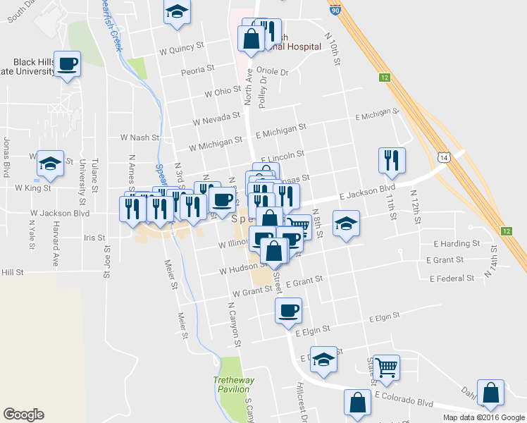 map of restaurants, bars, coffee shops, grocery stores, and more near 405 North Main Street in Spearfish