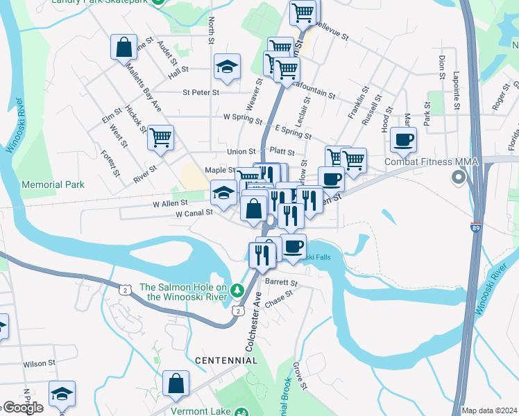 map of restaurants, bars, coffee shops, grocery stores, and more near 50 Main Street in Winooski