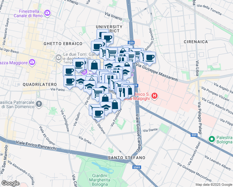 map of restaurants, bars, coffee shops, grocery stores, and more near 1 Vicolo Borchetta in Bologna