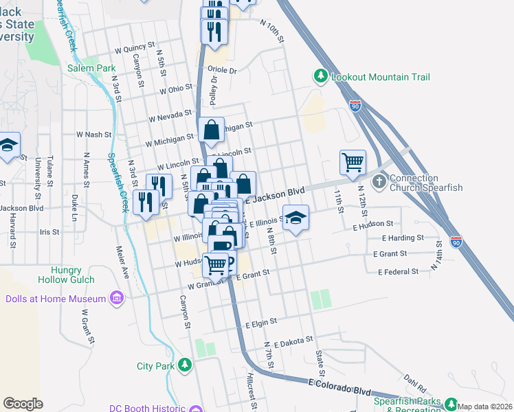 map of restaurants, bars, coffee shops, grocery stores, and more near 230 East Jackson Boulevard in Spearfish