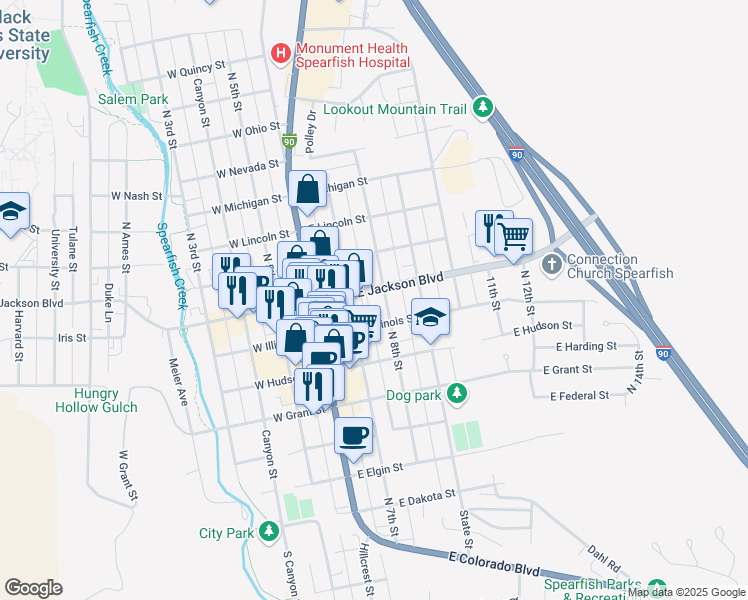 map of restaurants, bars, coffee shops, grocery stores, and more near 735 North 8th Street in Spearfish