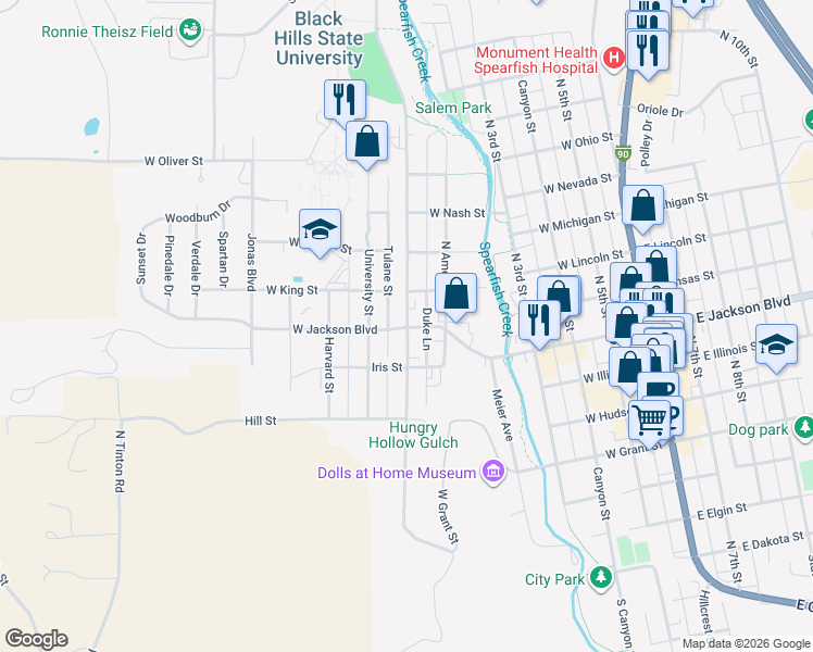 map of restaurants, bars, coffee shops, grocery stores, and more near 811 Saint Joe Street in Spearfish