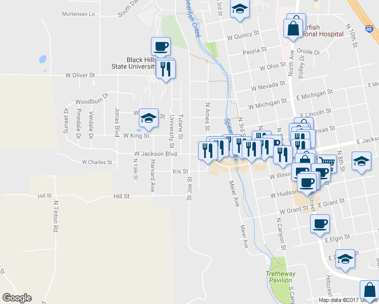 map of restaurants, bars, coffee shops, grocery stores, and more near 811 St Joe St in Spearfish
