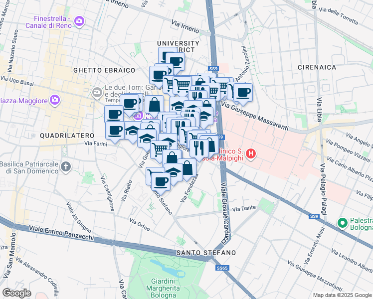 map of restaurants, bars, coffee shops, grocery stores, and more near 1 Vicolo Borchetta in Bologna