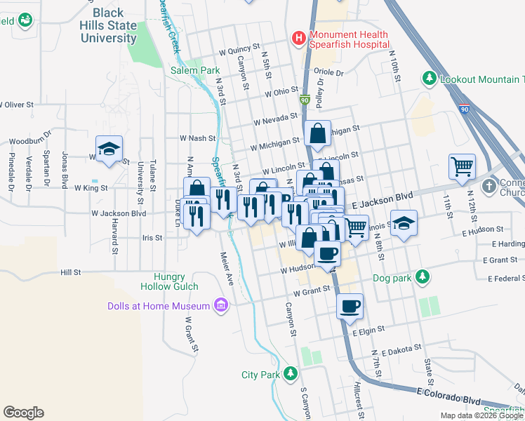 map of restaurants, bars, coffee shops, grocery stores, and more near 821 Canyon Street in Spearfish