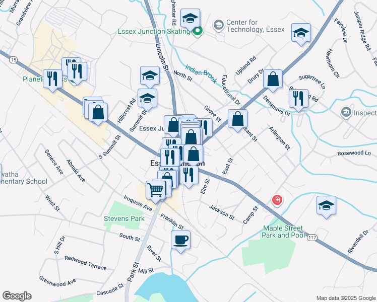 map of restaurants, bars, coffee shops, grocery stores, and more near 4 Railroad Avenue in Essex