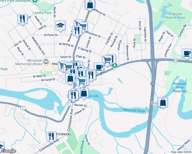 map of restaurants, bars, coffee shops, grocery stores, and more near 73 East Allen Street in Winooski