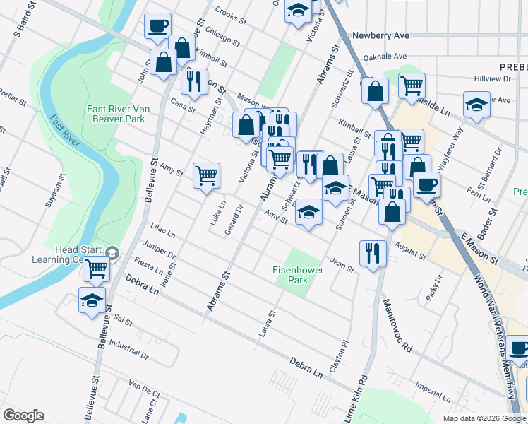map of restaurants, bars, coffee shops, grocery stores, and more near 1711 Amy Street in Green Bay