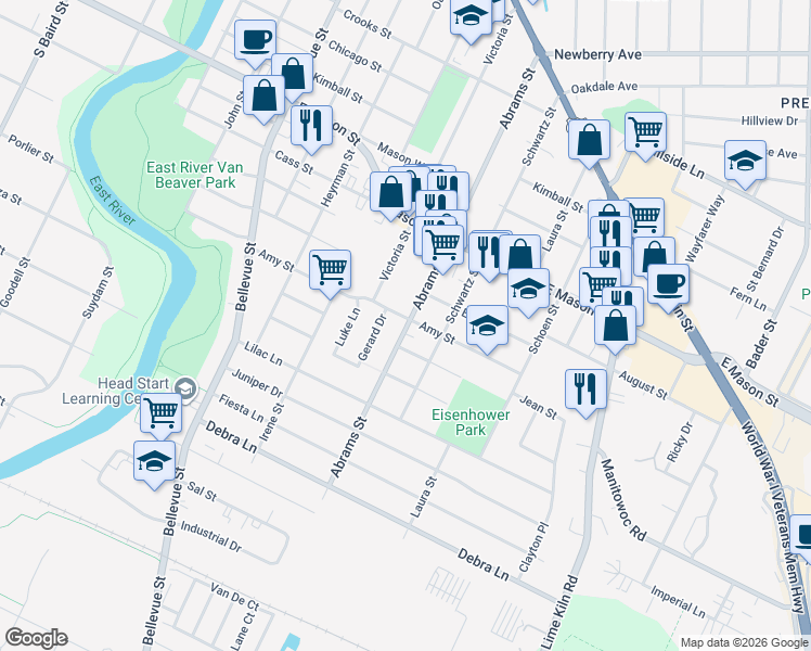 map of restaurants, bars, coffee shops, grocery stores, and more near 1711 Amy Street in Green Bay