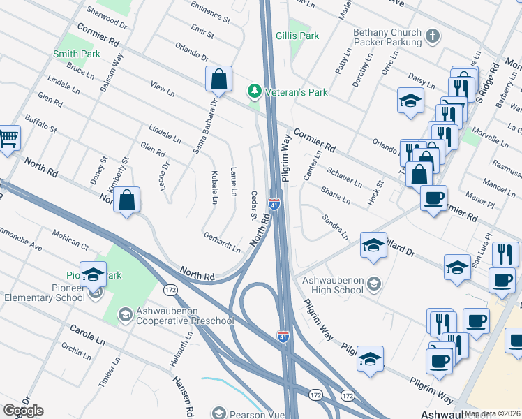map of restaurants, bars, coffee shops, grocery stores, and more near 2398 Cedar Ridge in Ashwaubenon