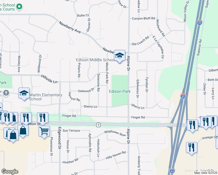 map of restaurants, bars, coffee shops, grocery stores, and more near 511 Menlo Park Road in Green Bay