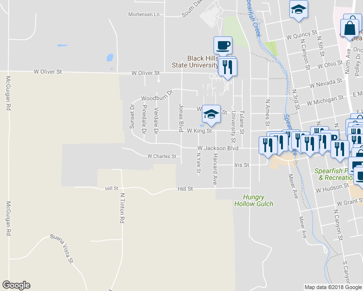 map of restaurants, bars, coffee shops, grocery stores, and more near 804 Jonas Boulevard in Spearfish