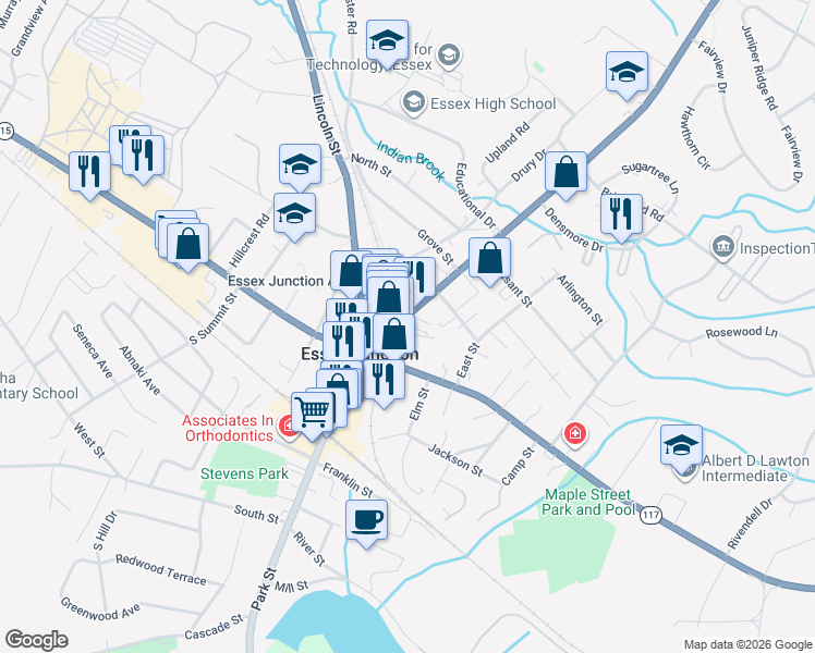 map of restaurants, bars, coffee shops, grocery stores, and more near 25 Main Street in Essex