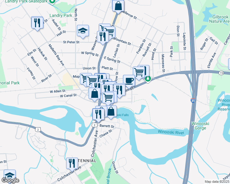 map of restaurants, bars, coffee shops, grocery stores, and more near 102 East Allen Street in Winooski