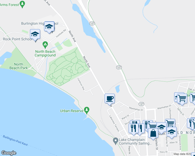 map of restaurants, bars, coffee shops, grocery stores, and more near 372 North Avenue in Burlington
