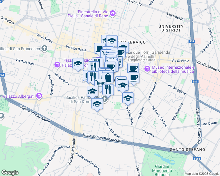 map of restaurants, bars, coffee shops, grocery stores, and more near 3A Piazza Minghetti in Bologna
