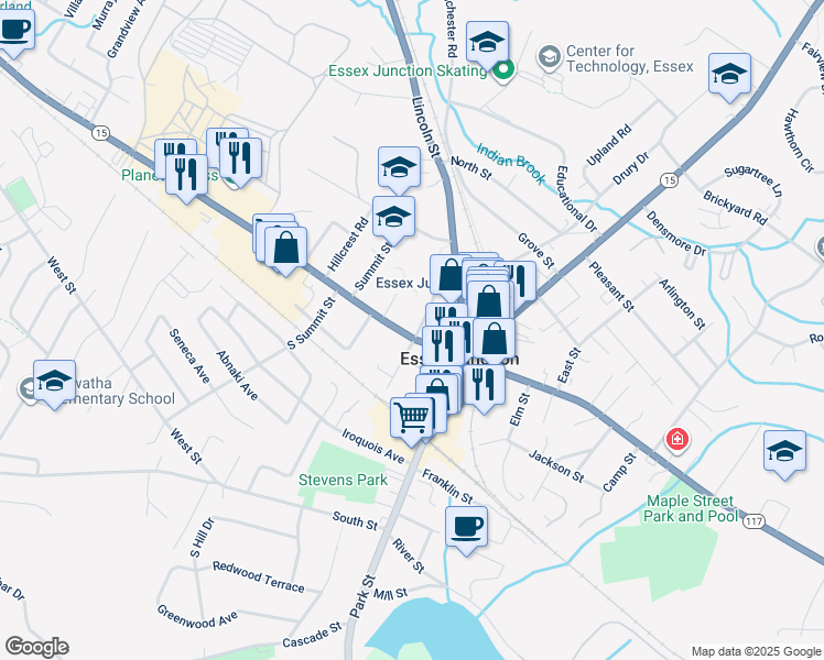 map of restaurants, bars, coffee shops, grocery stores, and more near 19 Pearl Street in Essex