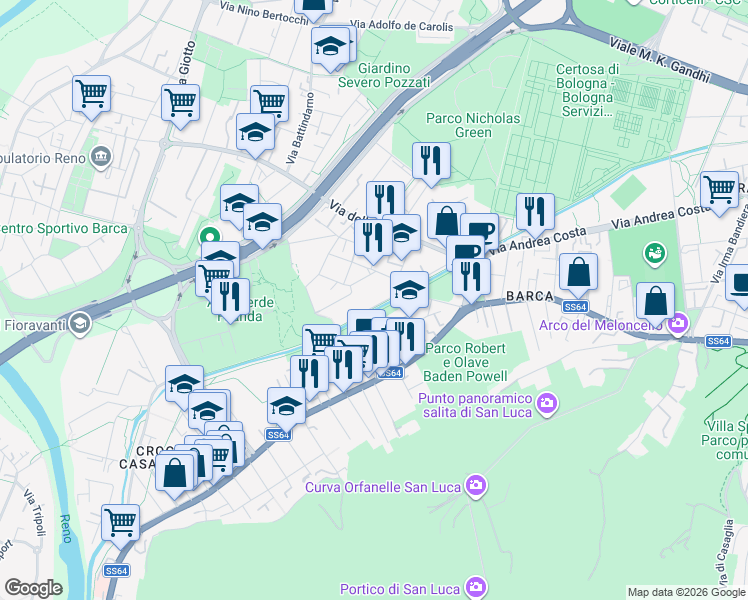 map of restaurants, bars, coffee shops, grocery stores, and more near 17 Via Giovanni Crocioni in Bologna