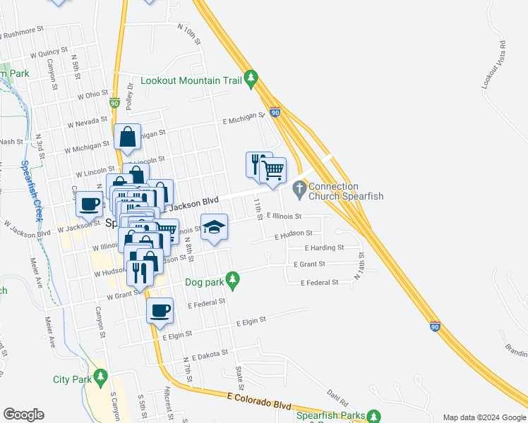 map of restaurants, bars, coffee shops, grocery stores, and more near 616 East Illinois Street in Spearfish