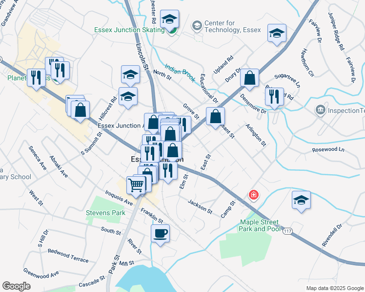 map of restaurants, bars, coffee shops, grocery stores, and more near 37 Main Street in Essex