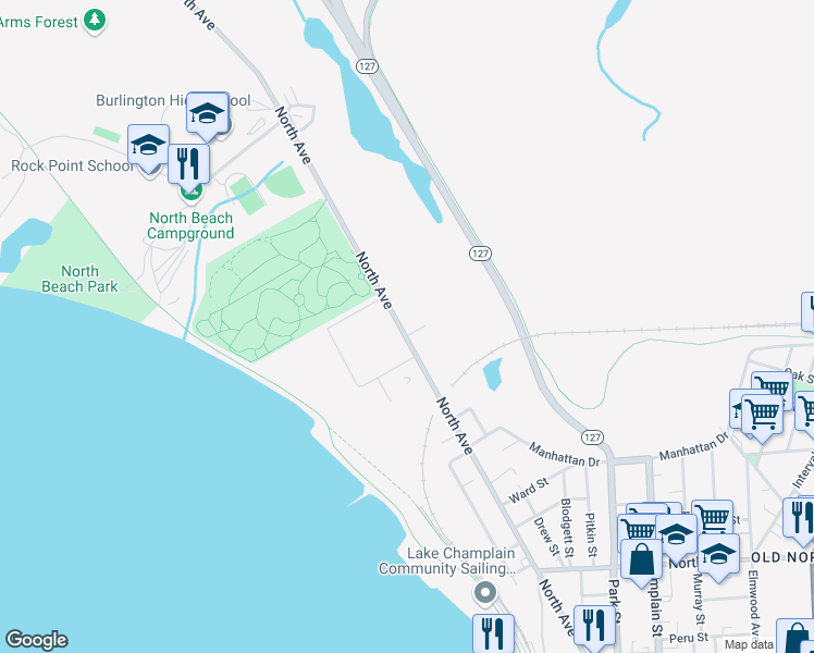 map of restaurants, bars, coffee shops, grocery stores, and more near 372 North Avenue in Burlington