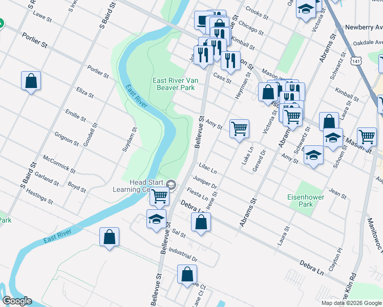 map of restaurants, bars, coffee shops, grocery stores, and more near 1004 Bellevue Street in Green Bay