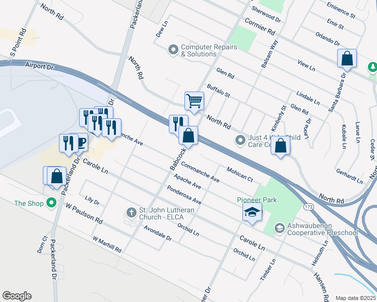 map of restaurants, bars, coffee shops, grocery stores, and more near 2531 Babcock Road in Green Bay