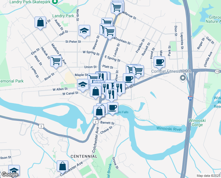 map of restaurants, bars, coffee shops, grocery stores, and more near 10 East Allen Street in Winooski