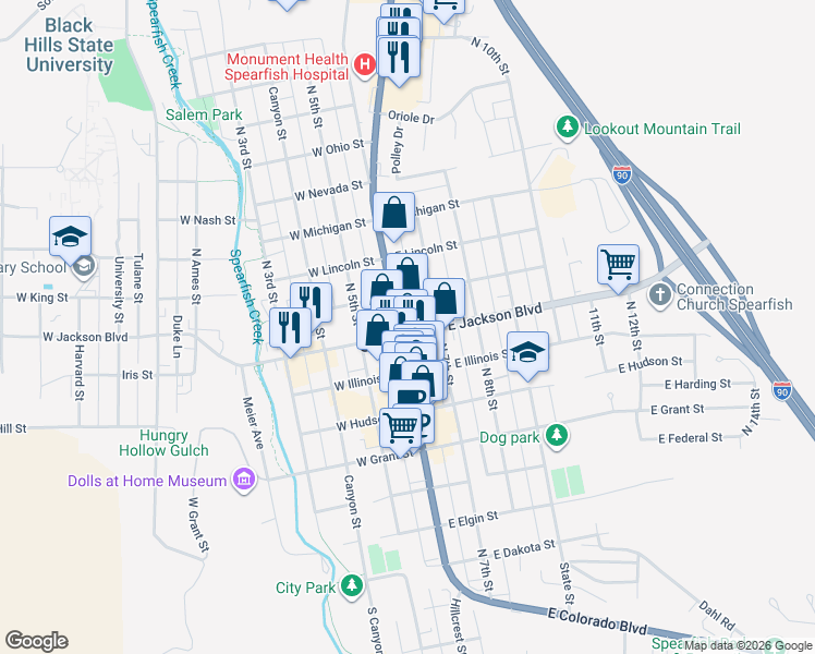 map of restaurants, bars, coffee shops, grocery stores, and more near 120 East Jackson Boulevard in Spearfish