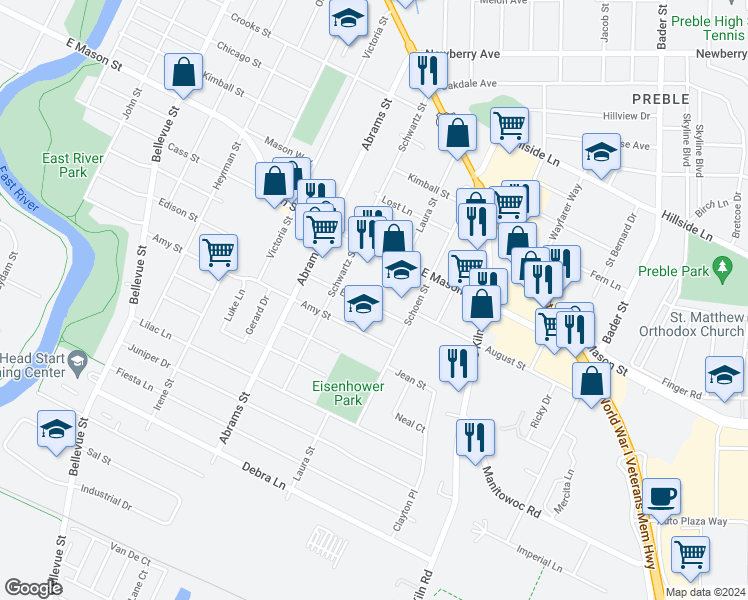 map of restaurants, bars, coffee shops, grocery stores, and more near 1763 Edison Street in Green Bay