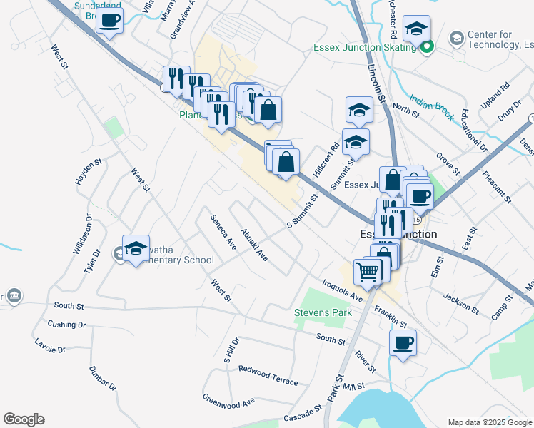map of restaurants, bars, coffee shops, grocery stores, and more near 8 Cherokee Avenue in Essex