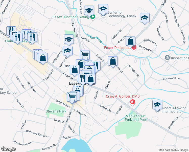 map of restaurants, bars, coffee shops, grocery stores, and more near 2 Railroad Street in Essex