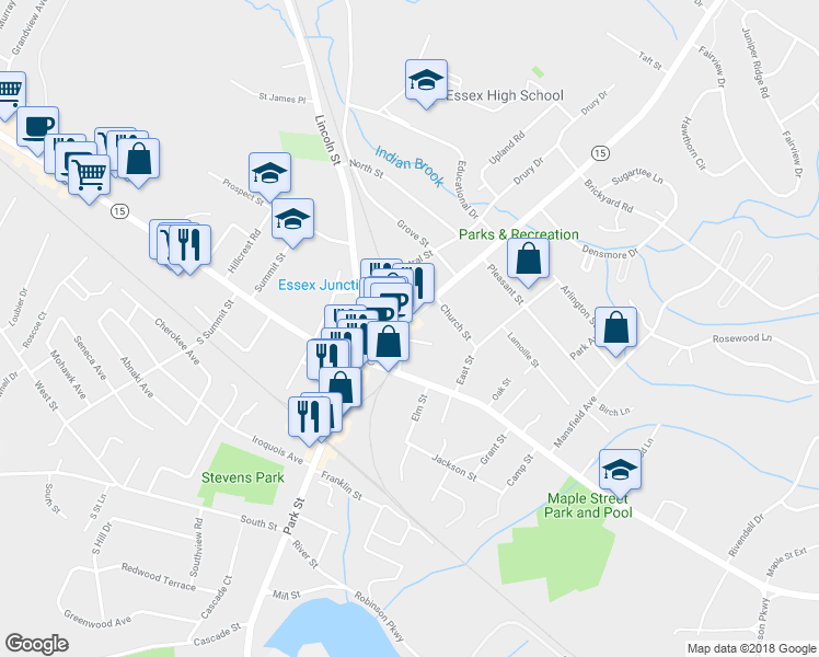 map of restaurants, bars, coffee shops, grocery stores, and more near 2 Railroad Street in Essex