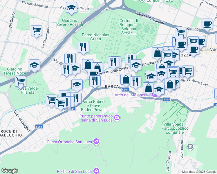 map of restaurants, bars, coffee shops, grocery stores, and more near 148 Via Porrettana in Bologna