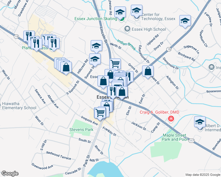 map of restaurants, bars, coffee shops, grocery stores, and more near 6 Lincoln Street in Essex