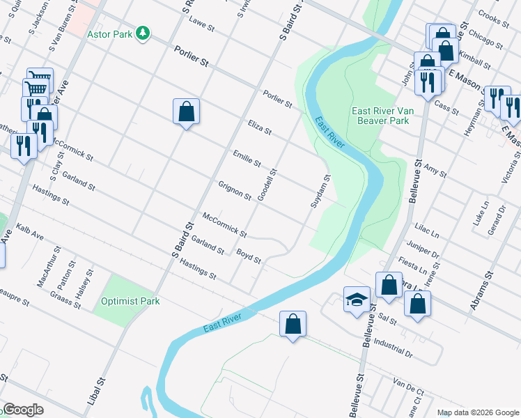 map of restaurants, bars, coffee shops, grocery stores, and more near 1466 Grignon Street in Green Bay