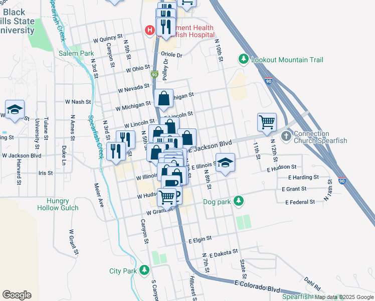 map of restaurants, bars, coffee shops, grocery stores, and more near 214 East Jackson Boulevard in Spearfish