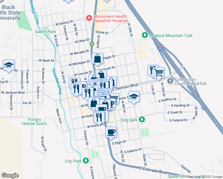 map of restaurants, bars, coffee shops, grocery stores, and more near 214 East Jackson Boulevard in Spearfish