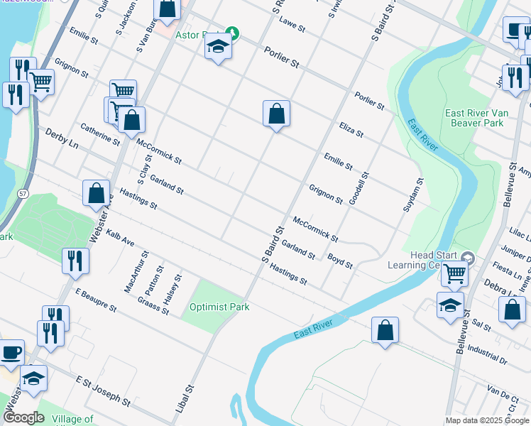 map of restaurants, bars, coffee shops, grocery stores, and more near 1343 McCormick Street in Green Bay